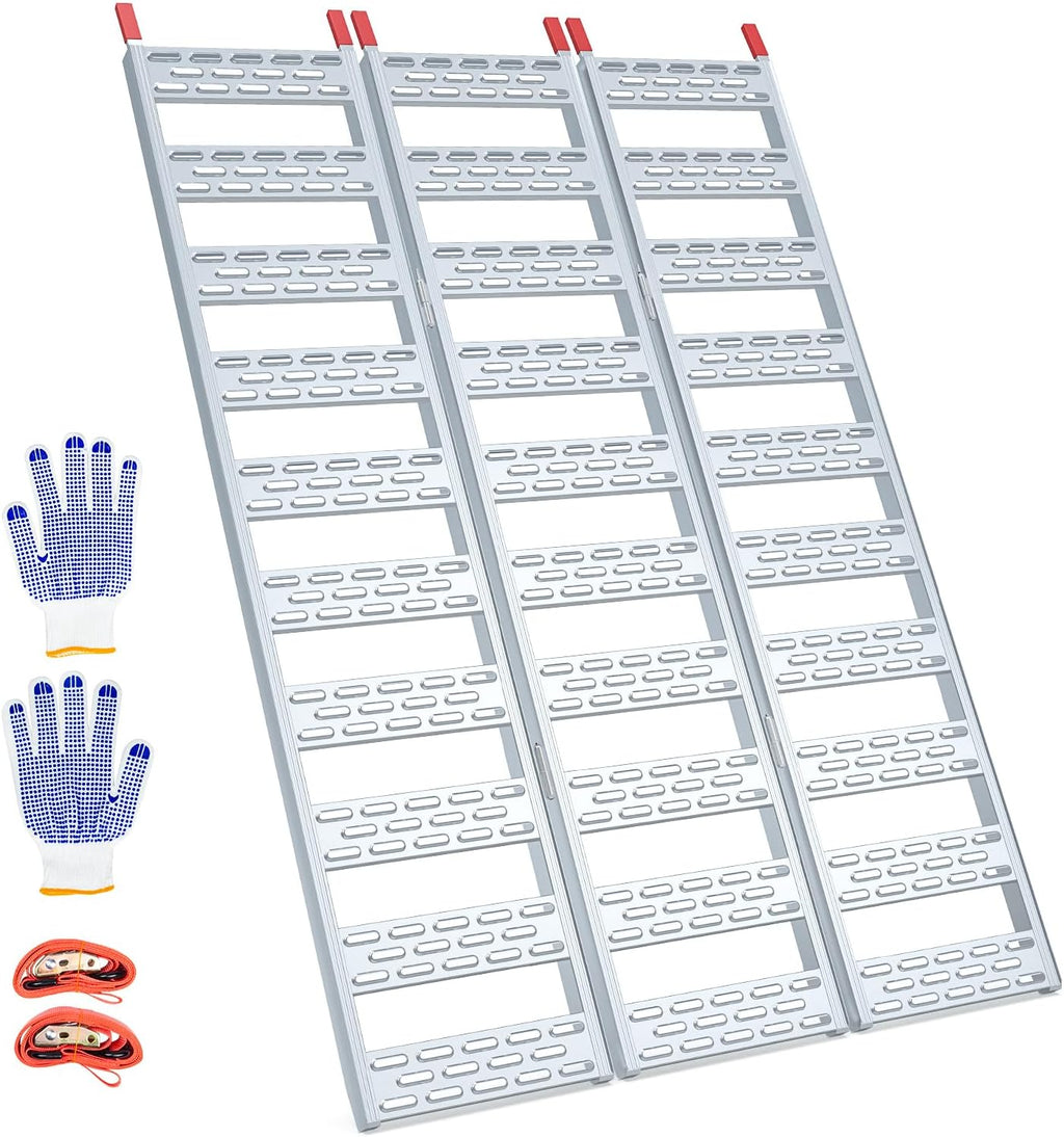 Aluminum Tri-Folding Truck Ramps 1600Lbs Max, Loading Ramps for Pickup Trucks Bed, Trailers Ramp with Load Straps for