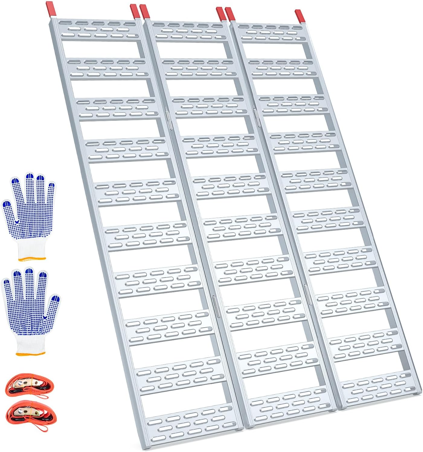 Aluminum Tri-Folding Truck Ramps 1600Lbs Max, Loading Ramps for Pickup Trucks Bed, Trailers Ramp with Load Straps for