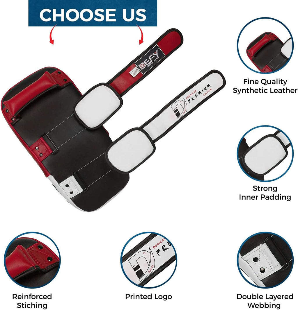 Defy Sports Leather Thai Pads - Strike Curved Karate Pads with Double Layered Buckle Straps - Perfect for Boxing