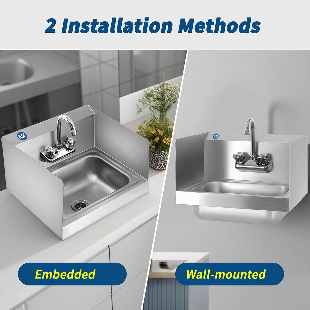 NSF 17" x 15" Hand Sink, Stainless Steel Wall Mount, Side Splashes