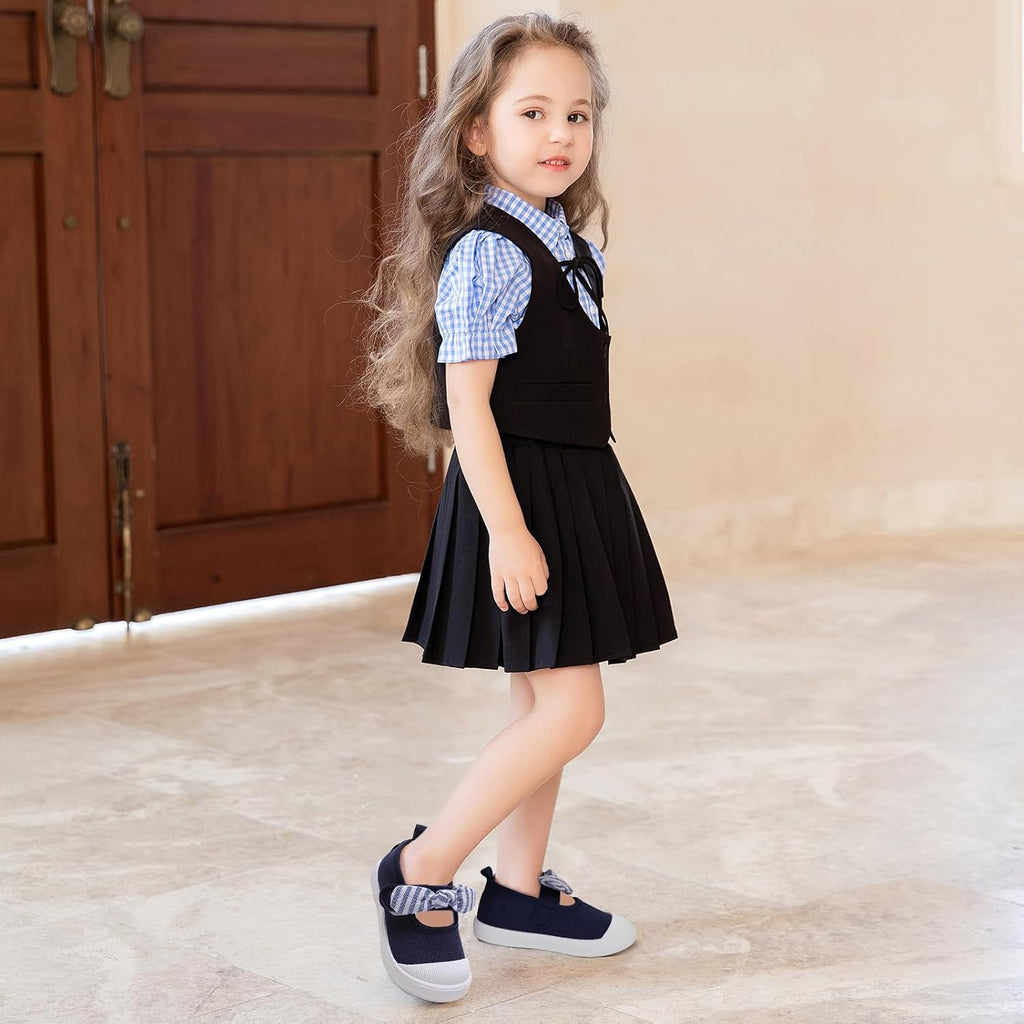 Toddler Girls Canvas Sneakers Bowknot Mary Jane Flats | Breathable and lightweight.Hook&loop closure for easy