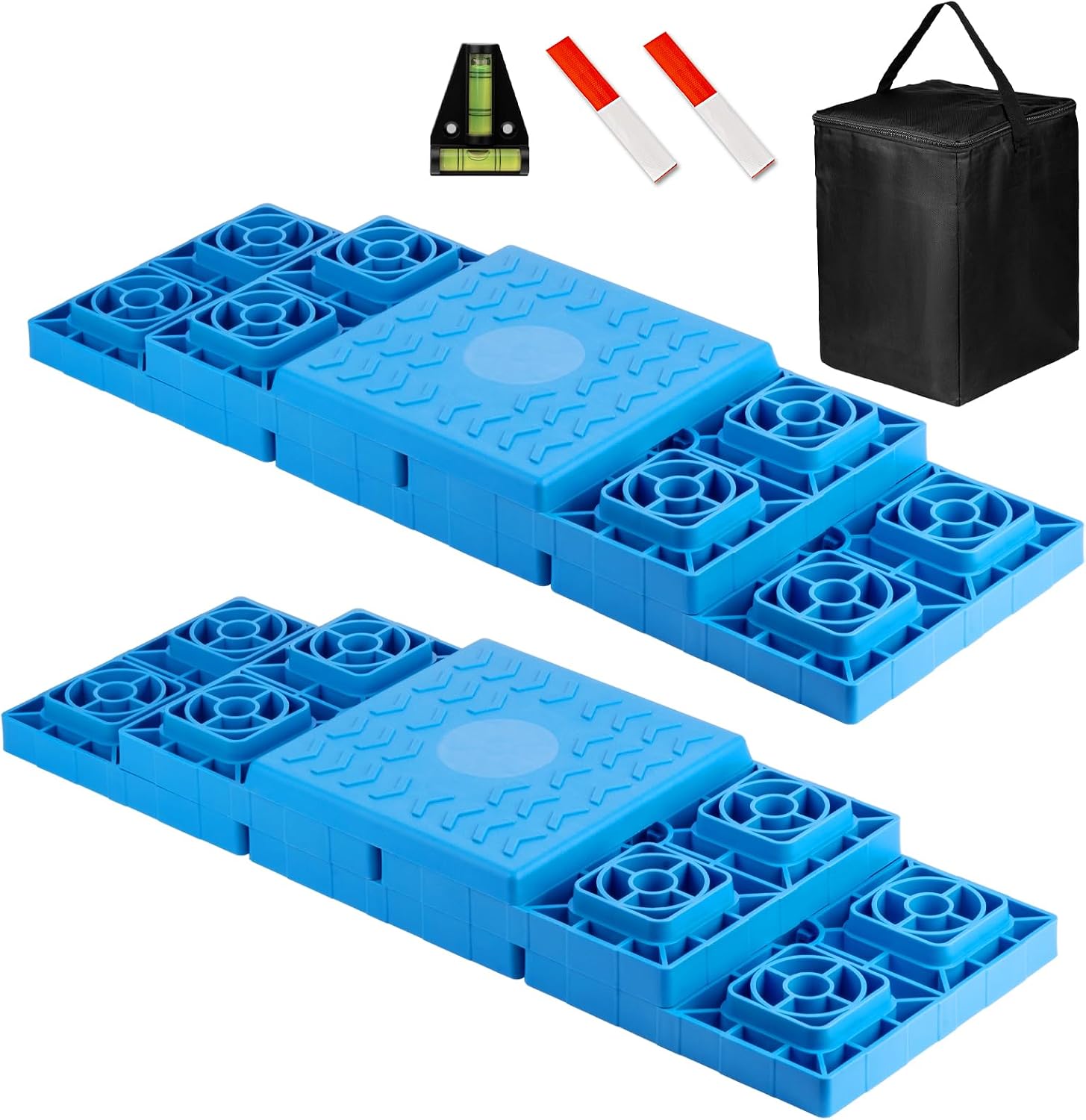 RV Leveling Blocks - 12 Pack Heavy Duty Camper Leveling Blocks with Handbag and T-Shaped Bubble Level - Anti-Slip