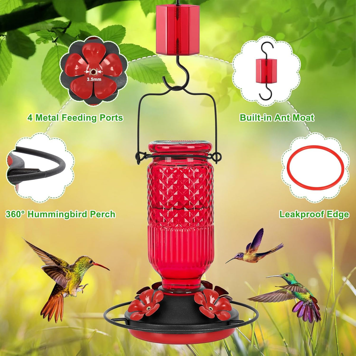 Glass Hummingbird Feeder for Outdoors Hanging, 16 OZ Humming Birds Feeders with 4 Bee Guard Feeding Ports & Built-in