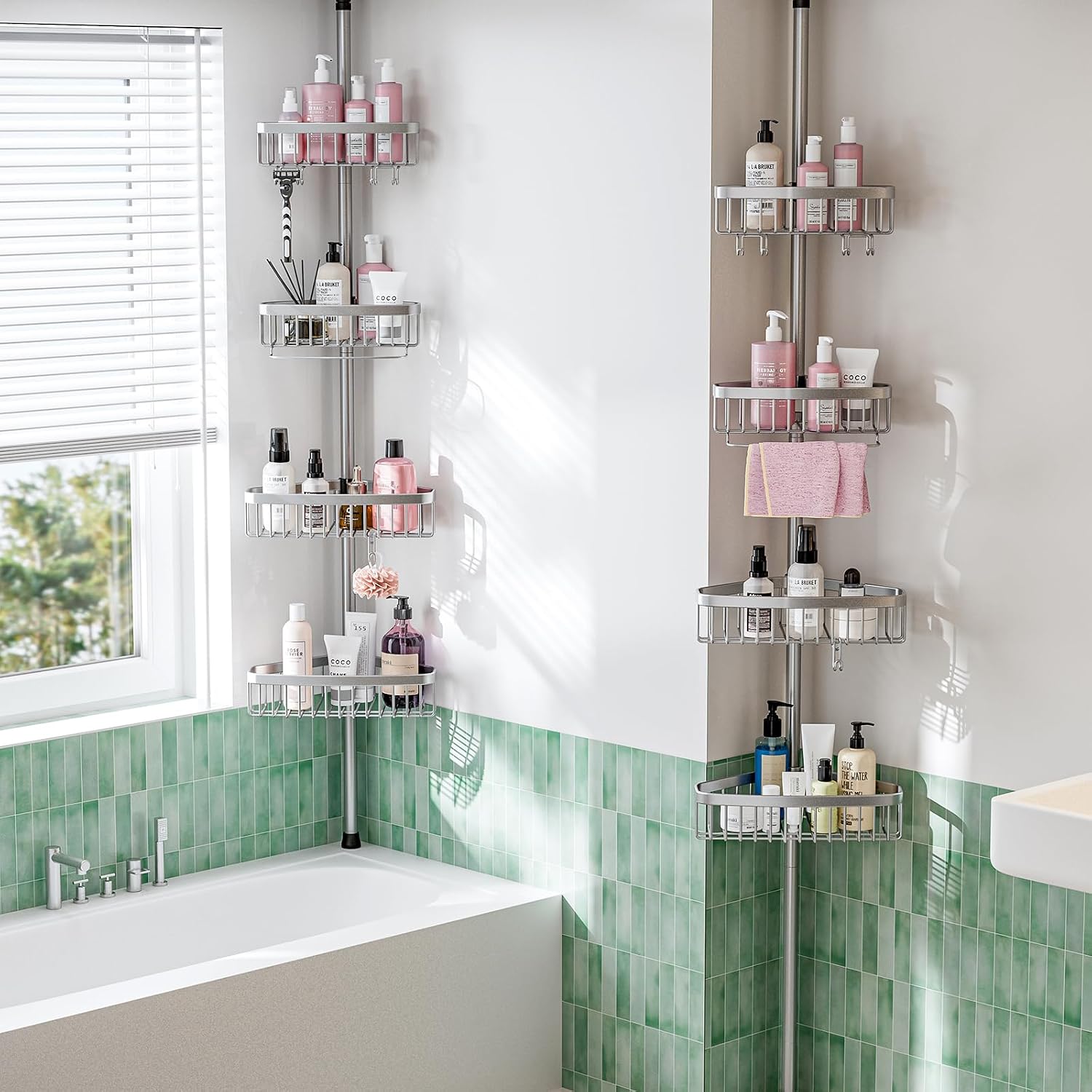 Corner Shower Caddy Tension Pole: Adjustable Rustproof 4-Tier Inside Bathroom Organizer - 47-121 inch Quick