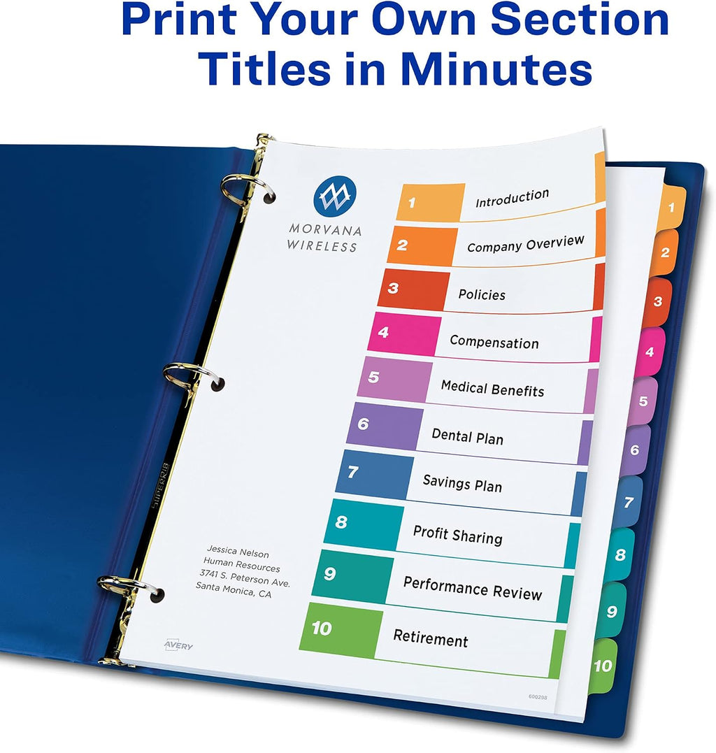 Extra-Wide Dividers for 3 Ring Binders, 10 Tabs per Set, Customizable Table of Contents, Multicolor Tabs, Works Great