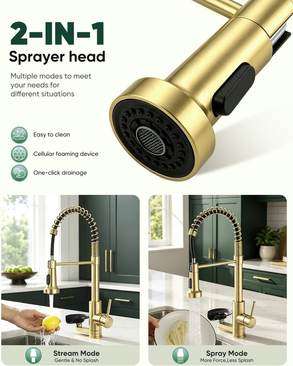 Pull Down Kitchen Faucet with Cup Washer Brushed Gold