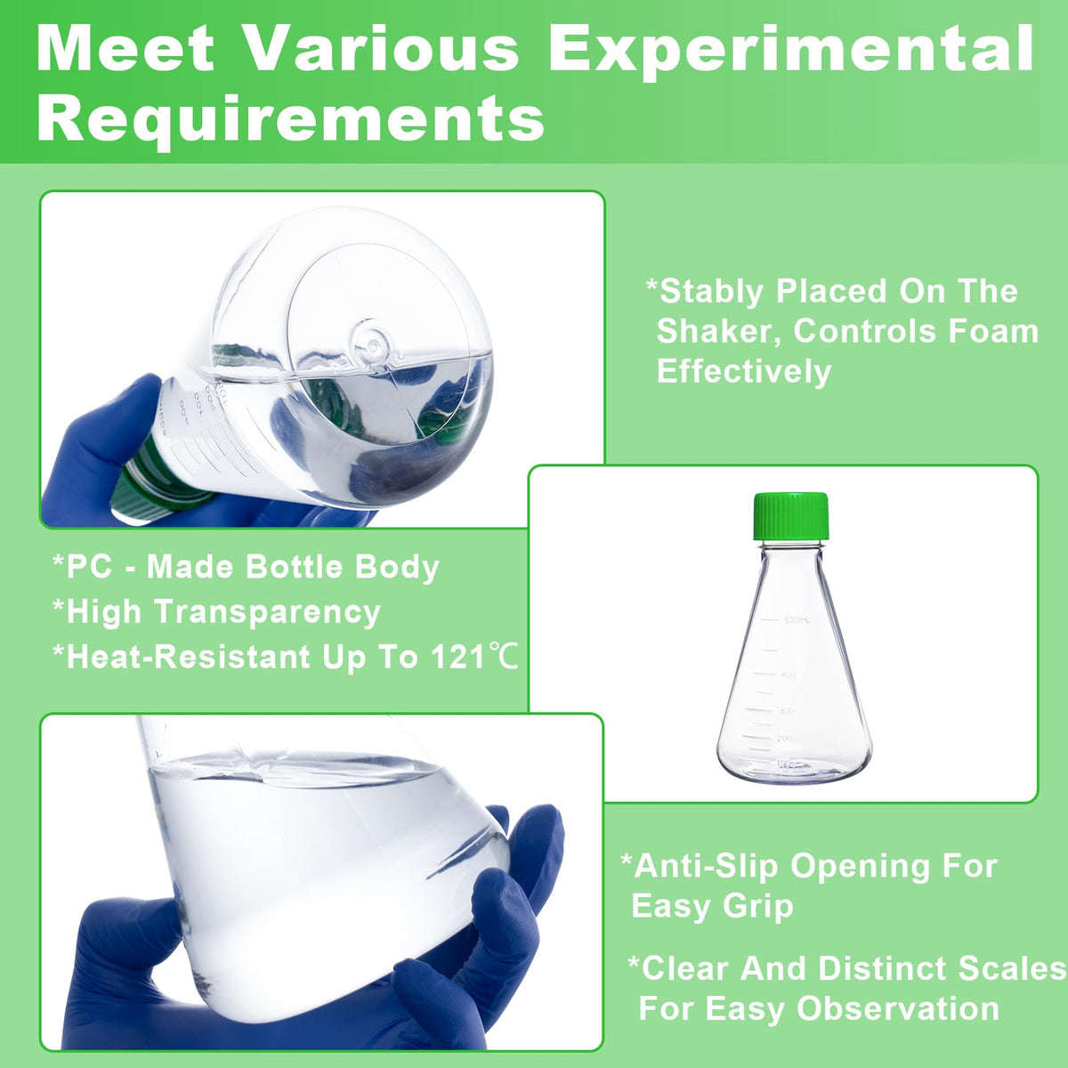 500ml Erlenmeyer Flask, Sterile, Vent Cap, Flat Bottom, PC, 2Pcs
