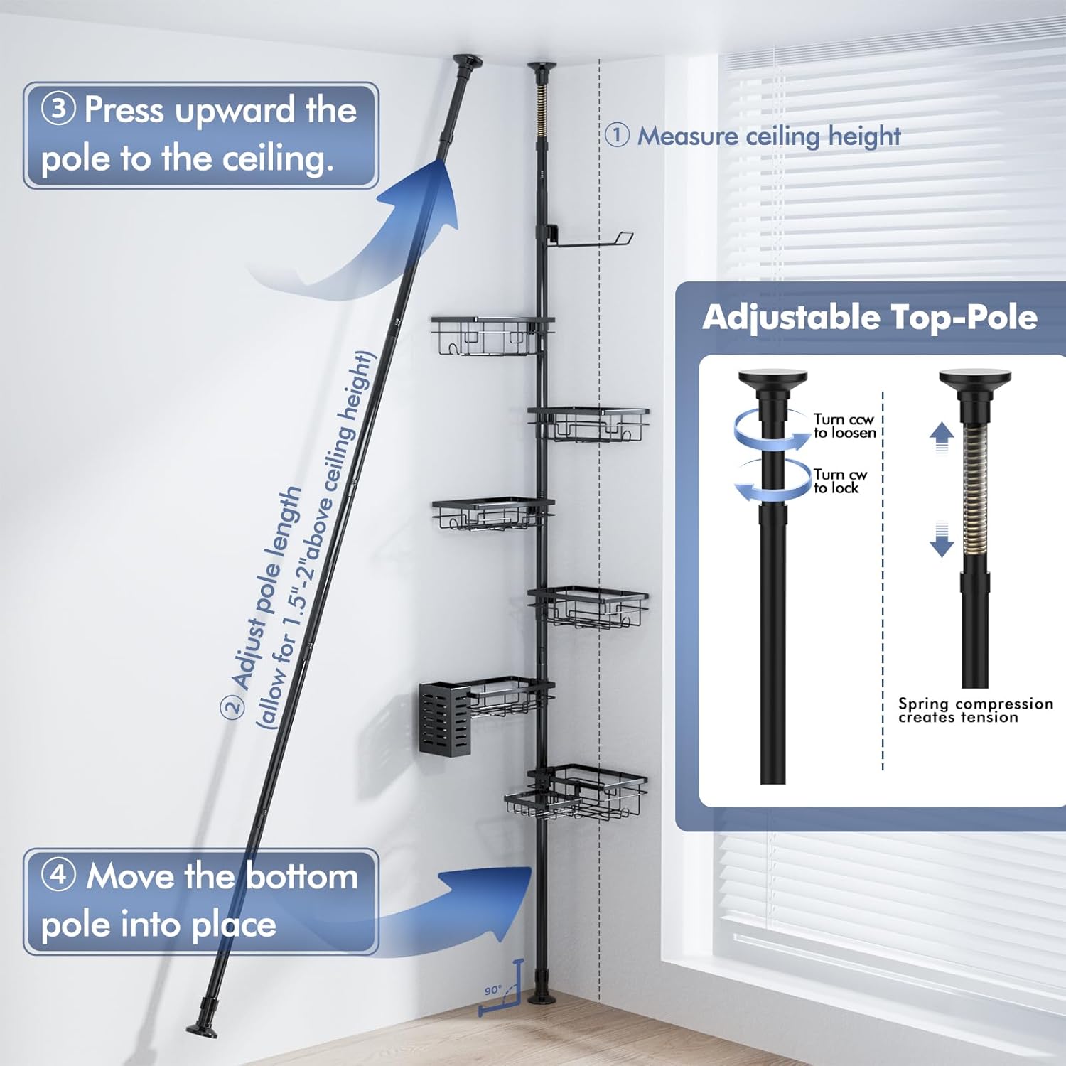 Shower Caddy Organizer Tension Pole, Corner Shower Shelves Bathroom Storage | 6 Tier Shelf, Rustproof 30-120’’