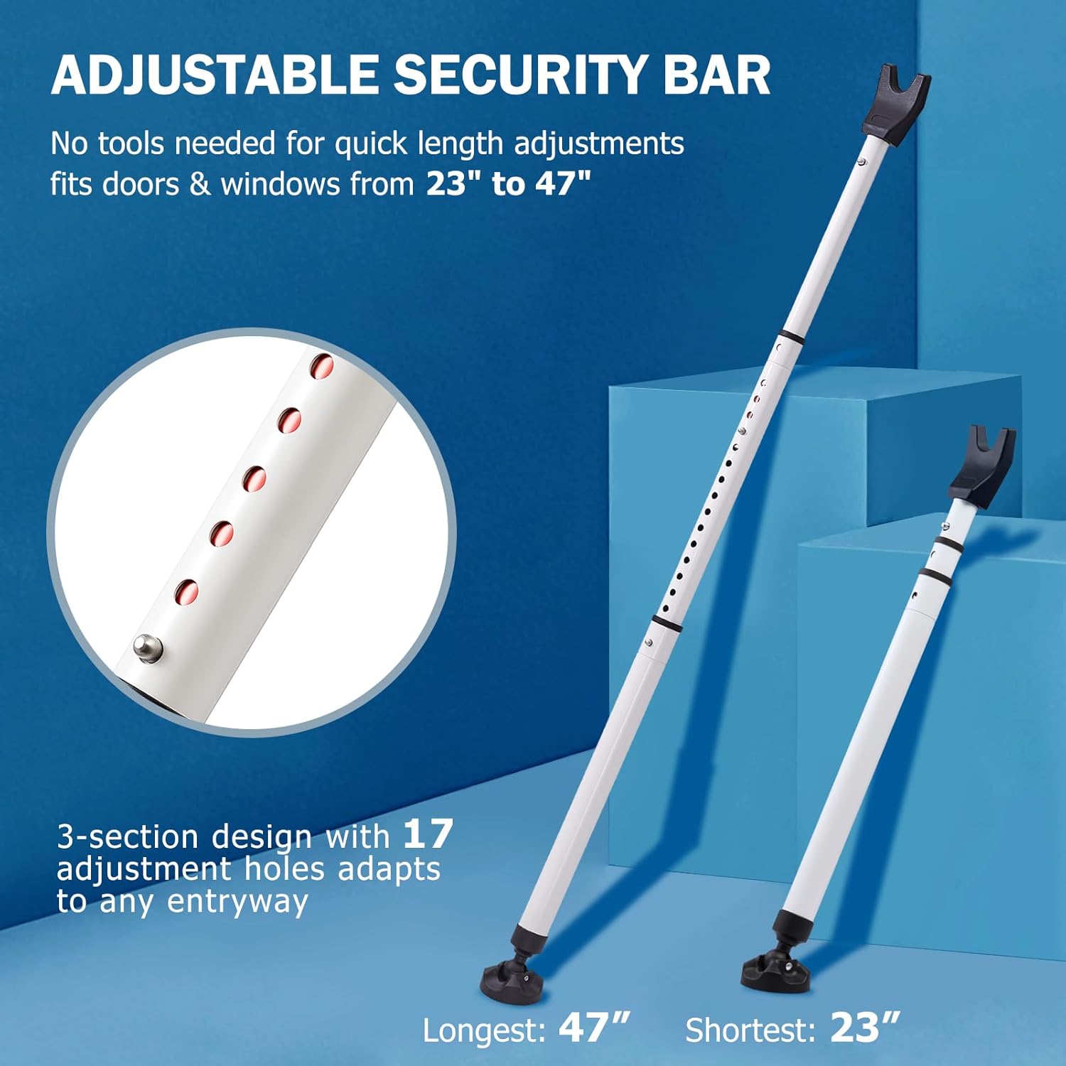 Heavy Duty Sliding Door Security Bar, Adjustable 23"-47" Security Window Stopper Jammer for Home & Travel, Door Lock