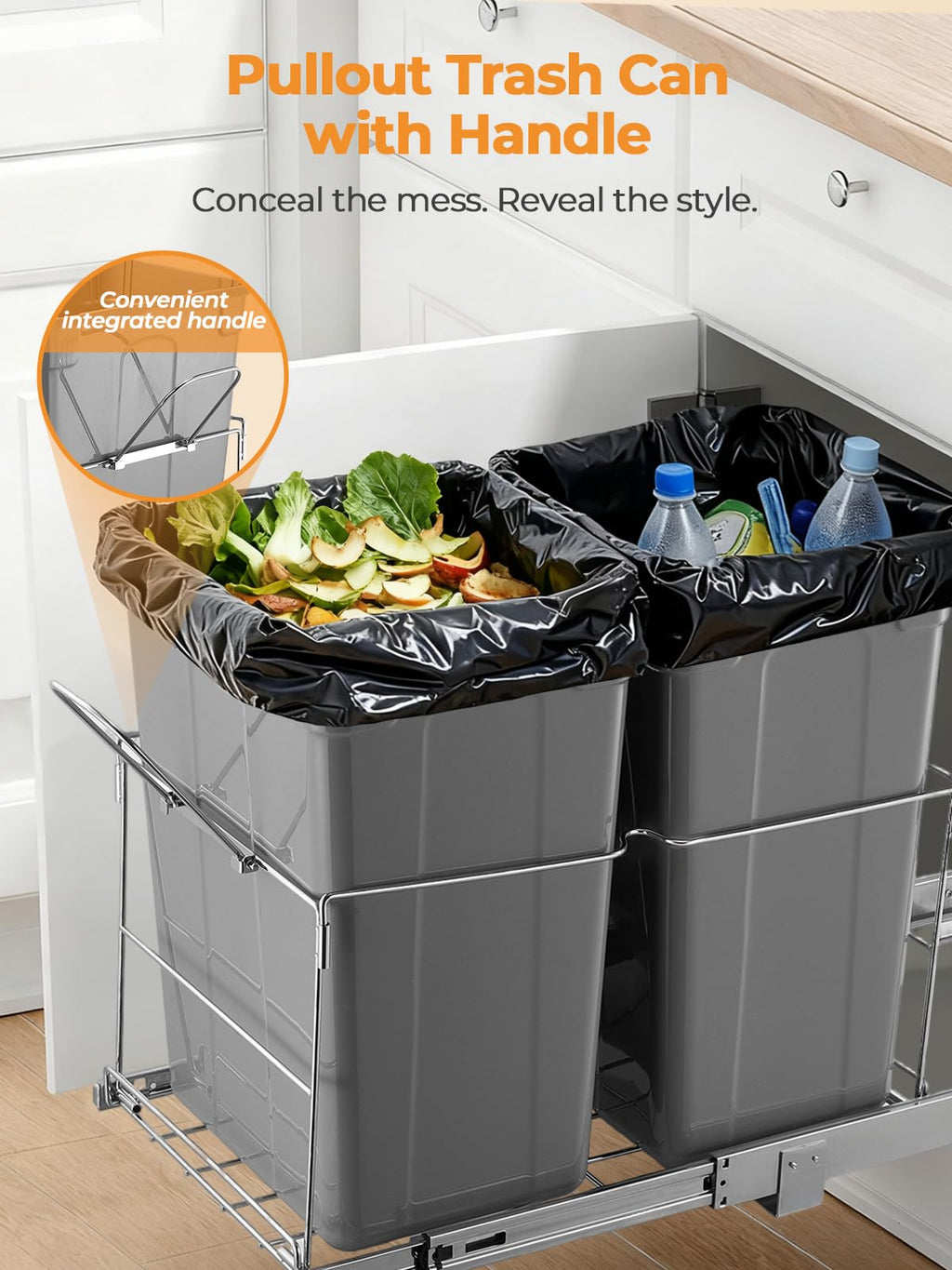 Pull Out Trash Can Under Cabinet, 35 QT Double Under Sink Trash Can Waste Container with with Chrome Wire Bottom