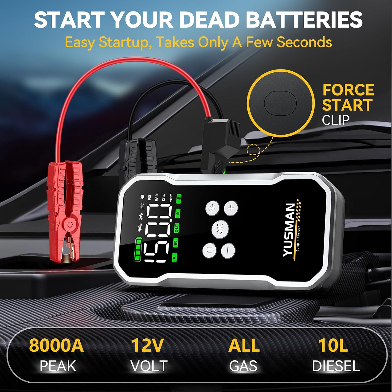 Jump Starter with Air Compressor, 8000A 160PSI Jump Starter Pack (10.0 Gas/7.0L Diesel), 12V Car Jump Starter