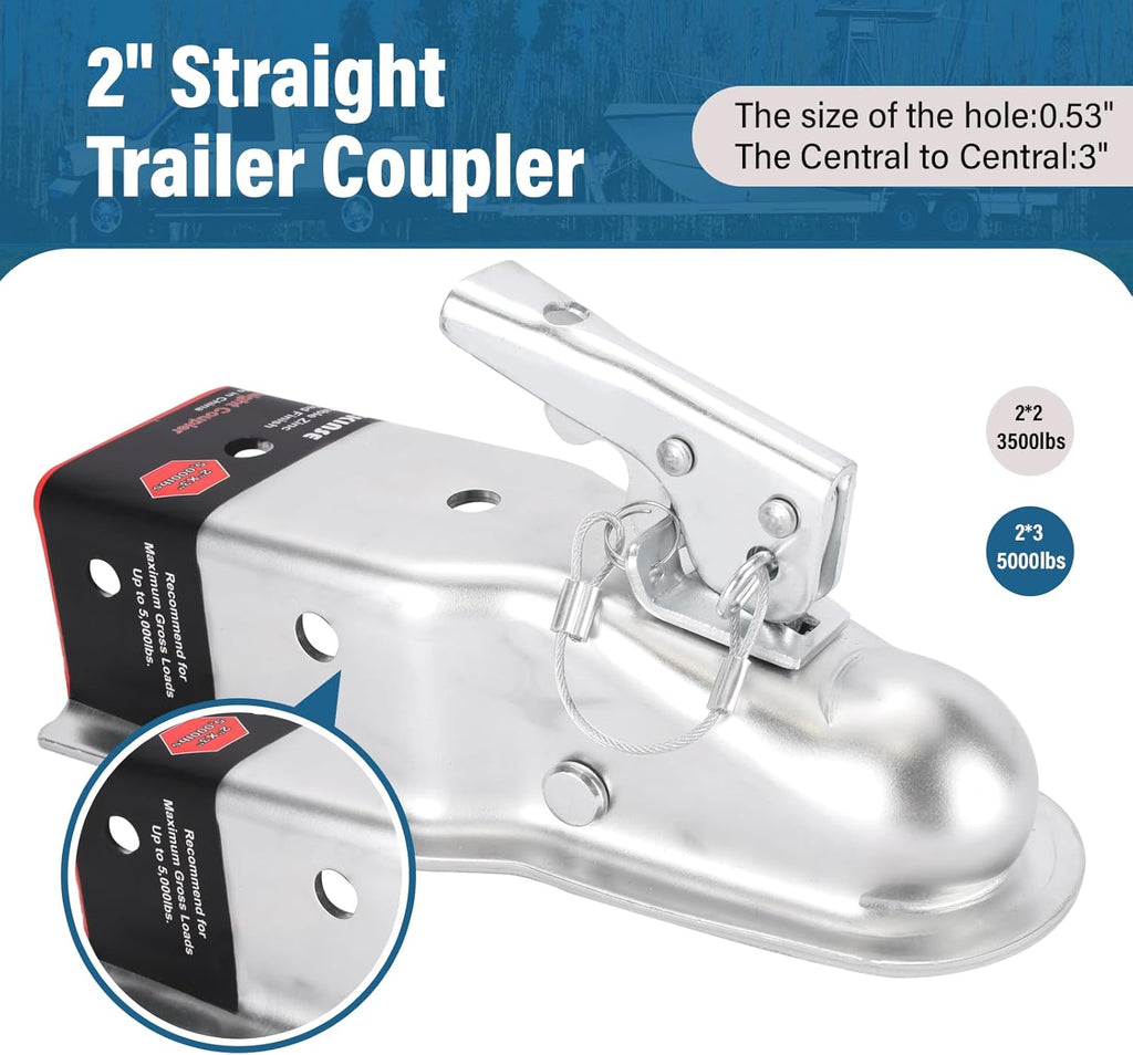 Straight Tongue (Zinc) Trailer Coupler with Hardware, Easy Remove Sticker and Instruction fit for 3" Channel, 2"