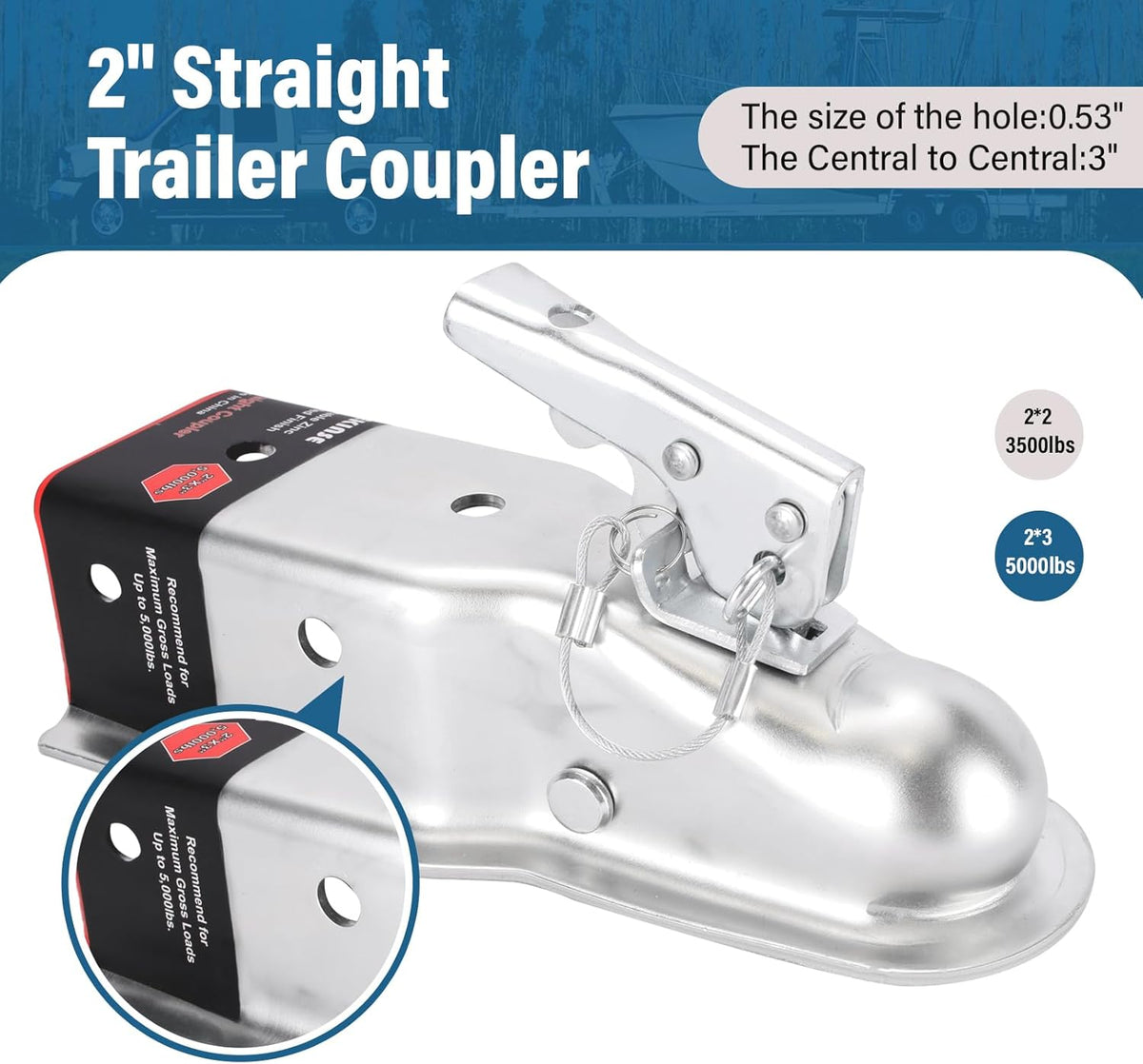 Straight Tongue (Zinc) Trailer Coupler with Hardware, Easy Remove Sticker and Instruction fit for 3" Channel, 2"