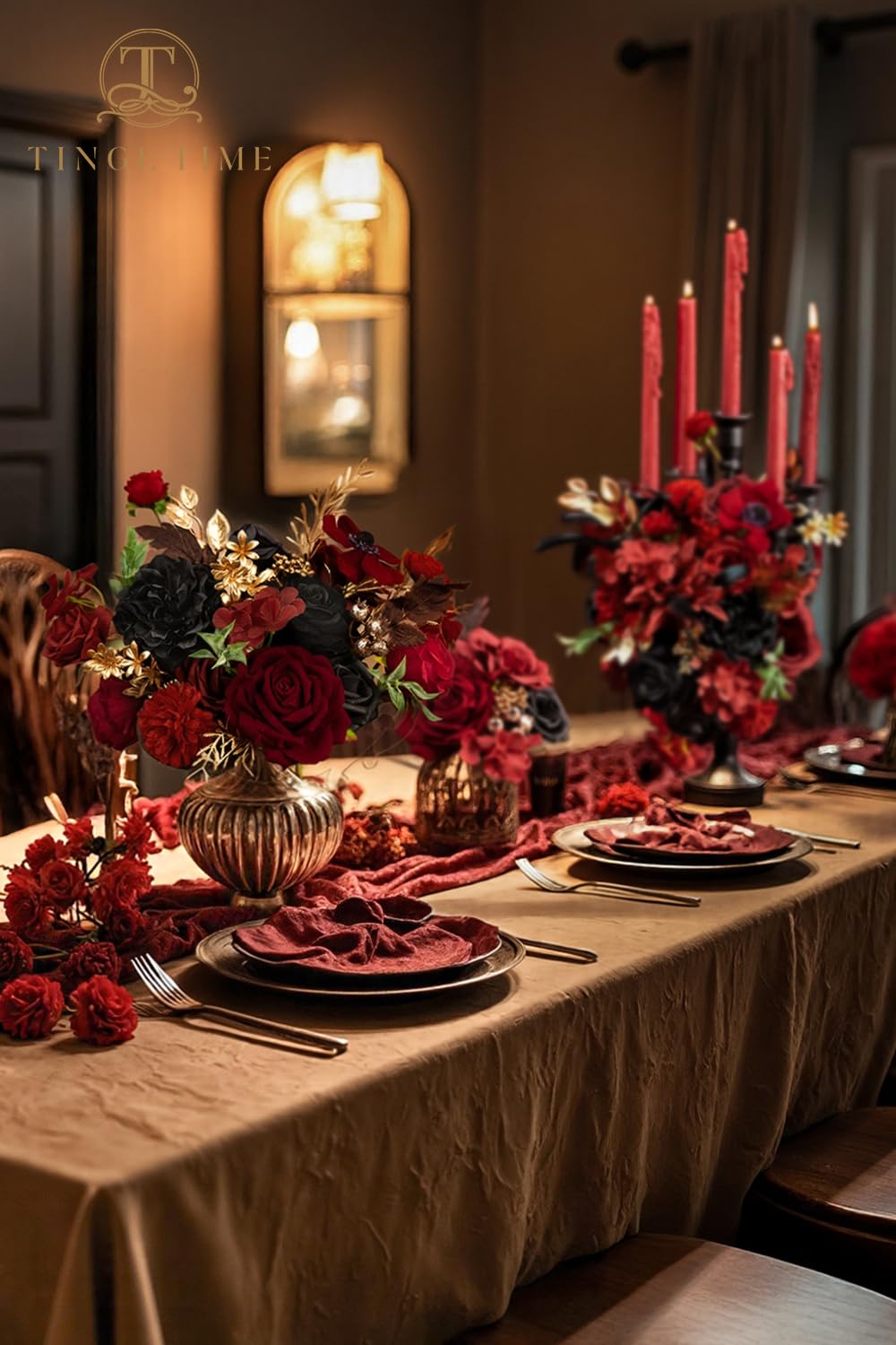 Gothic Wedding Artificial Flowers Combo, Rose Peony Black Red