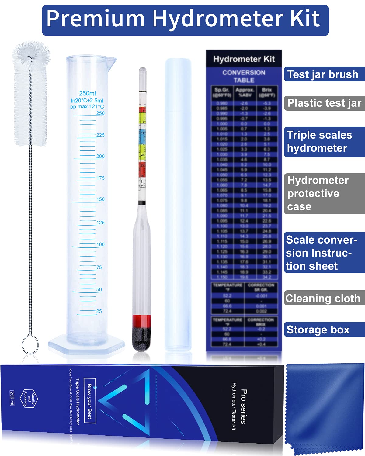 Hydrometer Test Kit, Triple Scale Alcohol Tester Hydrometer for Wine, Beer, Kombucha & Mead, Wine Making Kit, (ABV