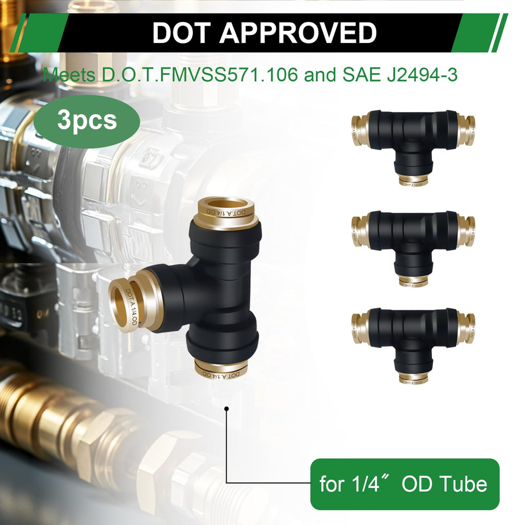 Japtend 1/4" DOT Air Brake Line Tee Fittings 3PCS, Quick Push To Connect