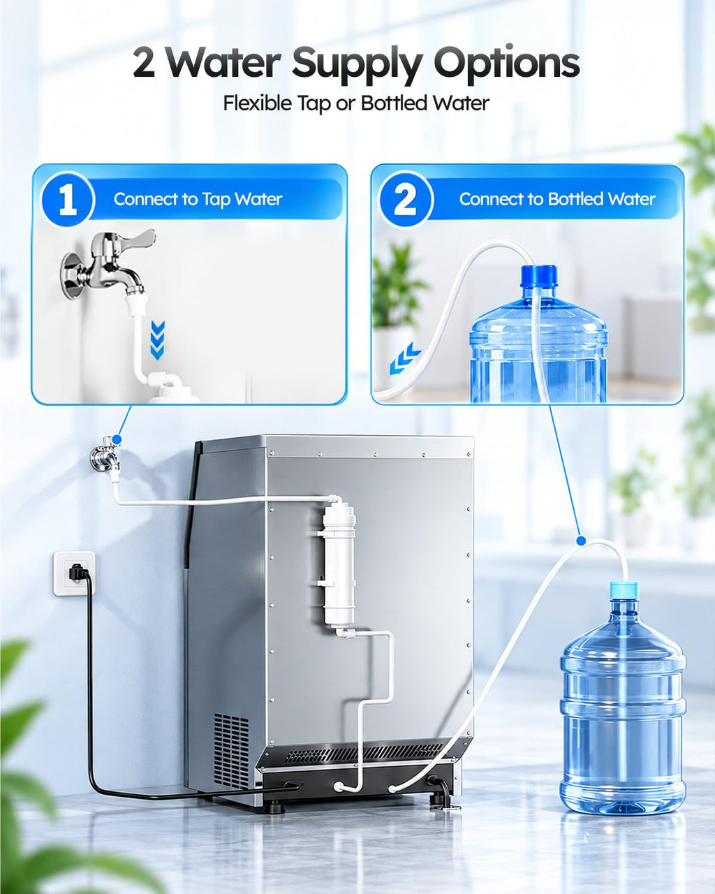 Commercial Ice Maker 200lbs/24h with 50lbs Storage Bin 2 Water Inlet