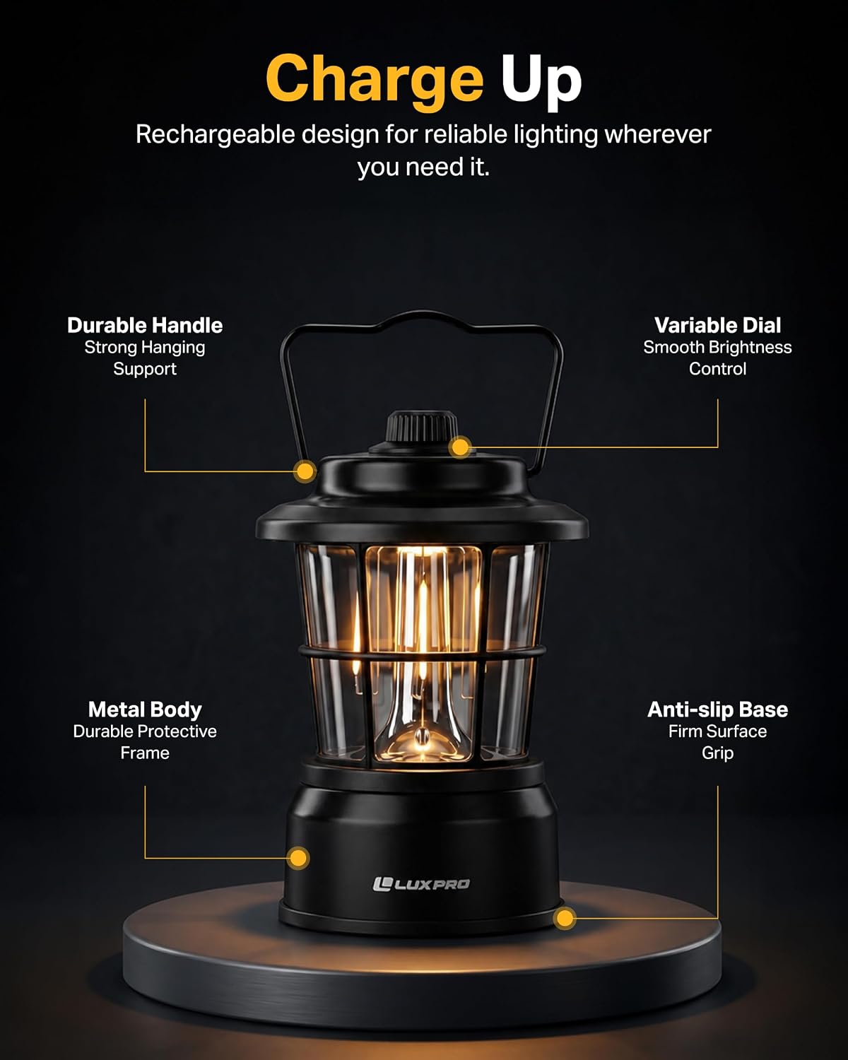 LP1536 Rechargeable Retro Lantern 500 Lumens Dual Power LED Camping Lantern, USB-C, Warm & White Dimmable Light
