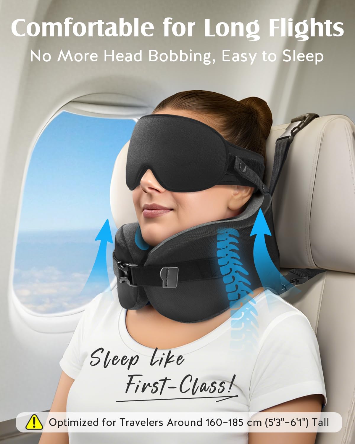 Travel Pillow for Long Flight Airplane, Head Strap Combo with 3D Contoured Sleep Eye Mask, Neck Pillow for Travel