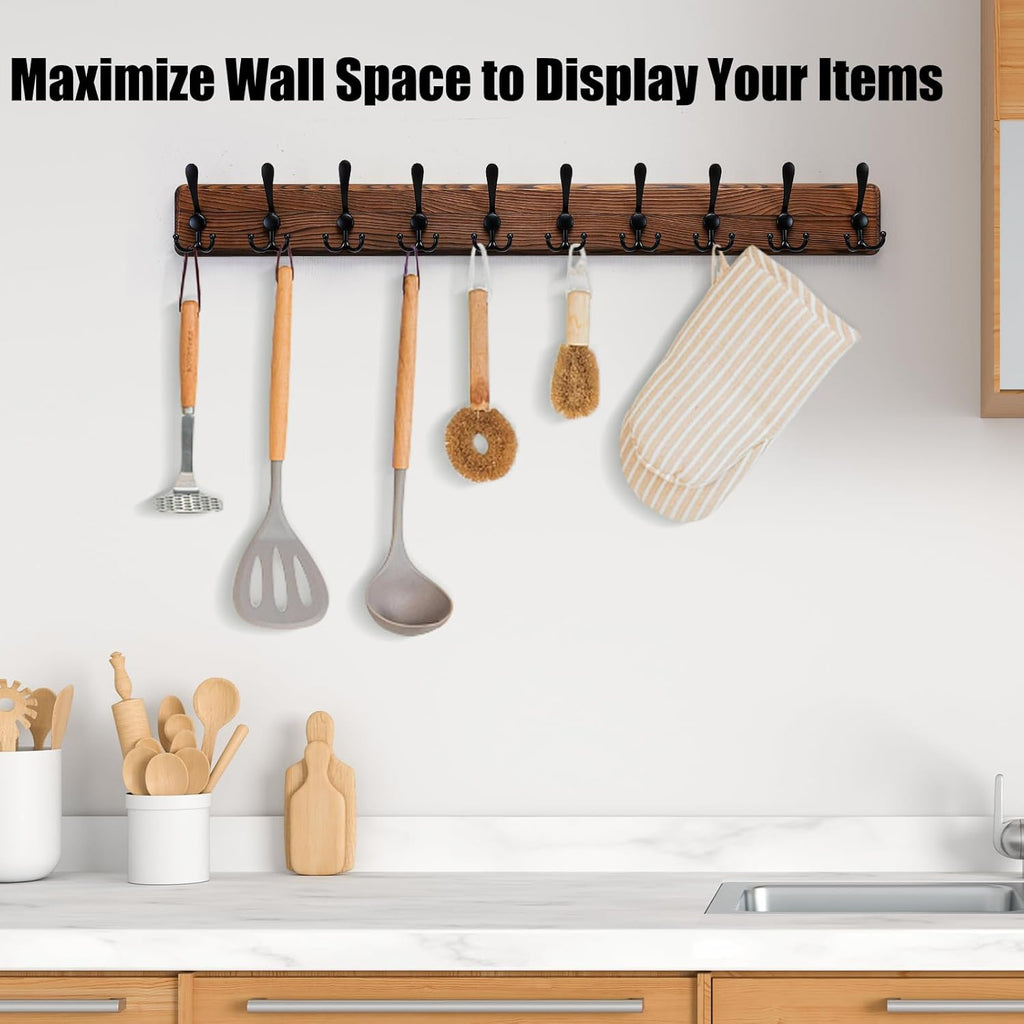 Rustic 38.6" Large Coat Rack Wall Mount, Long Wood Coat Hooks with 10 Triple Hooks, Heavy Duty Wooden Coat Hanger