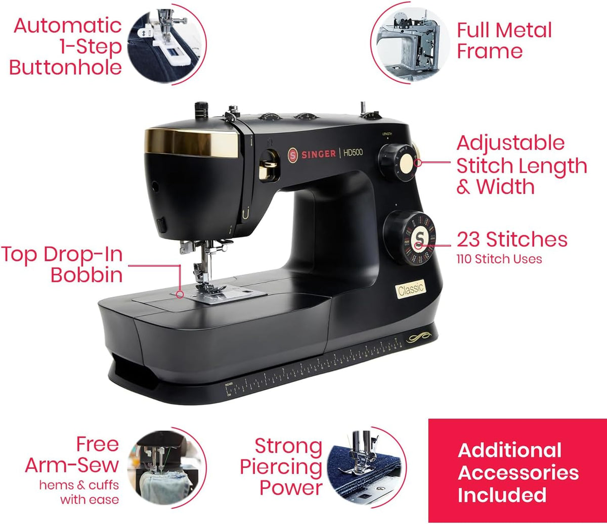 Heavy Duty 500 Classic High Speed Sewing Machine + Accessory Kit | 3 built-in stitches, strong motor, 50% more power