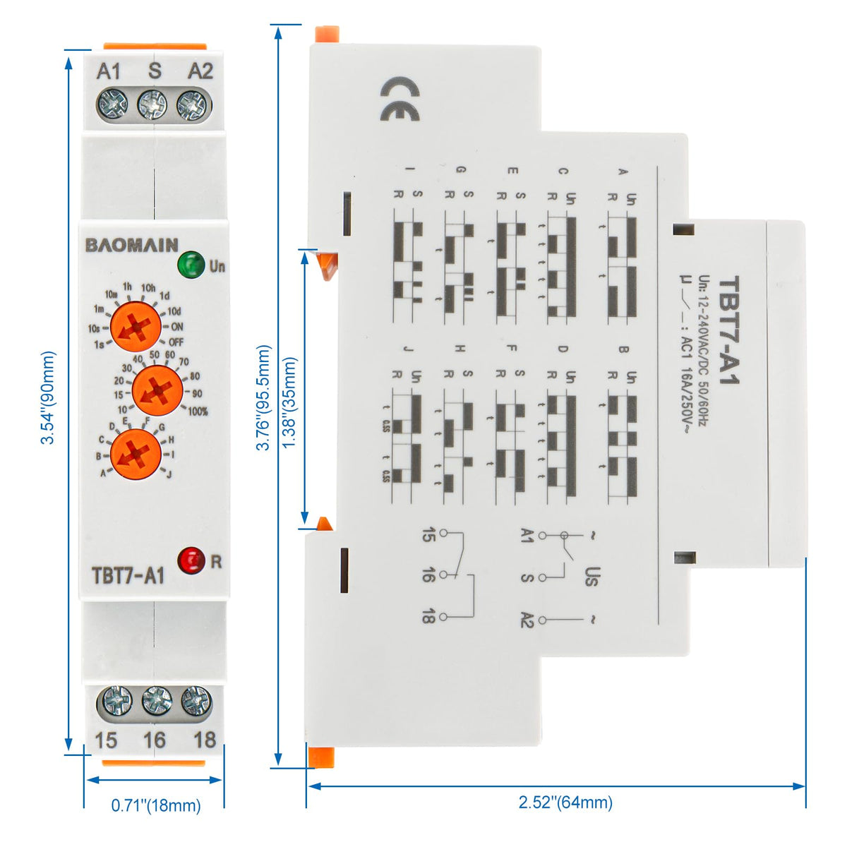BAOMAIN 10-Function Time Relay 12-240V AC/DC 16A Universal DIN Rail Timer