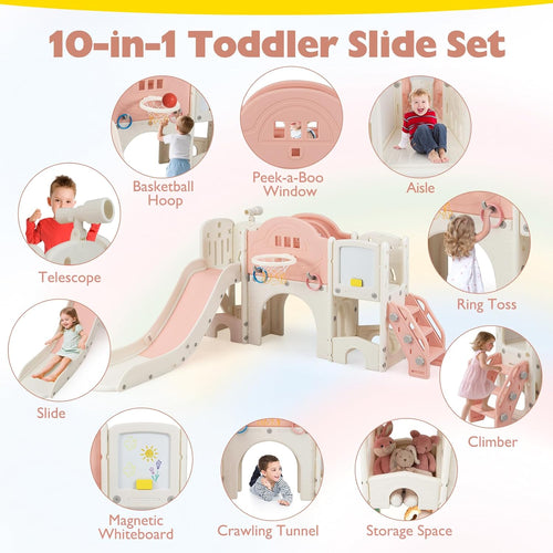 10 in 1 Toddler Slide Set, Kids Slide and Climber Playset with Magnetic Whiteboard, Ring Toss, Basketball Hoop
