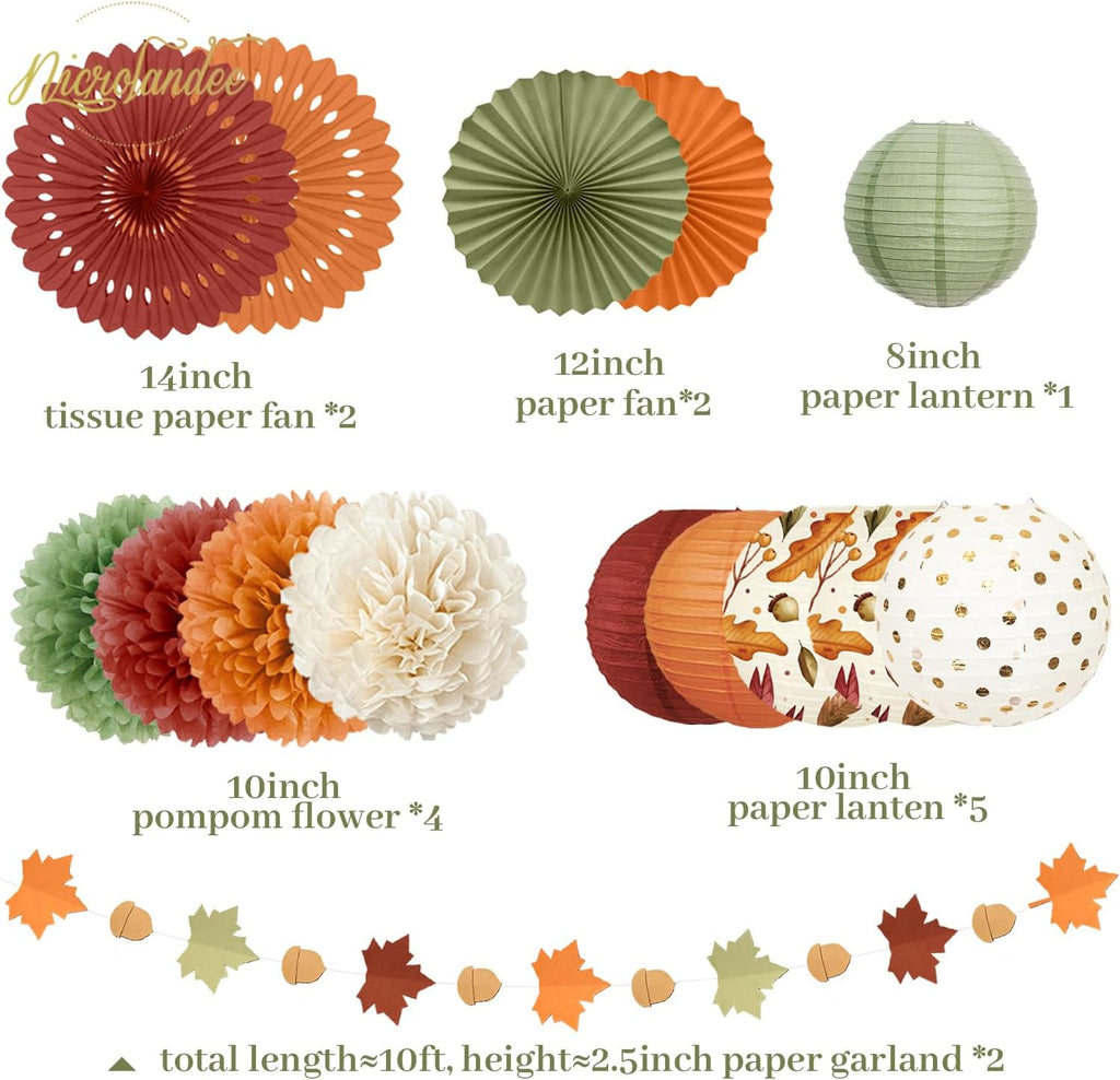Fall Thanksgiving Decorations 20 PCS Maple Leaf Orange Decor | Tissue Pom Poms Paper Fans Lanterns Garland for