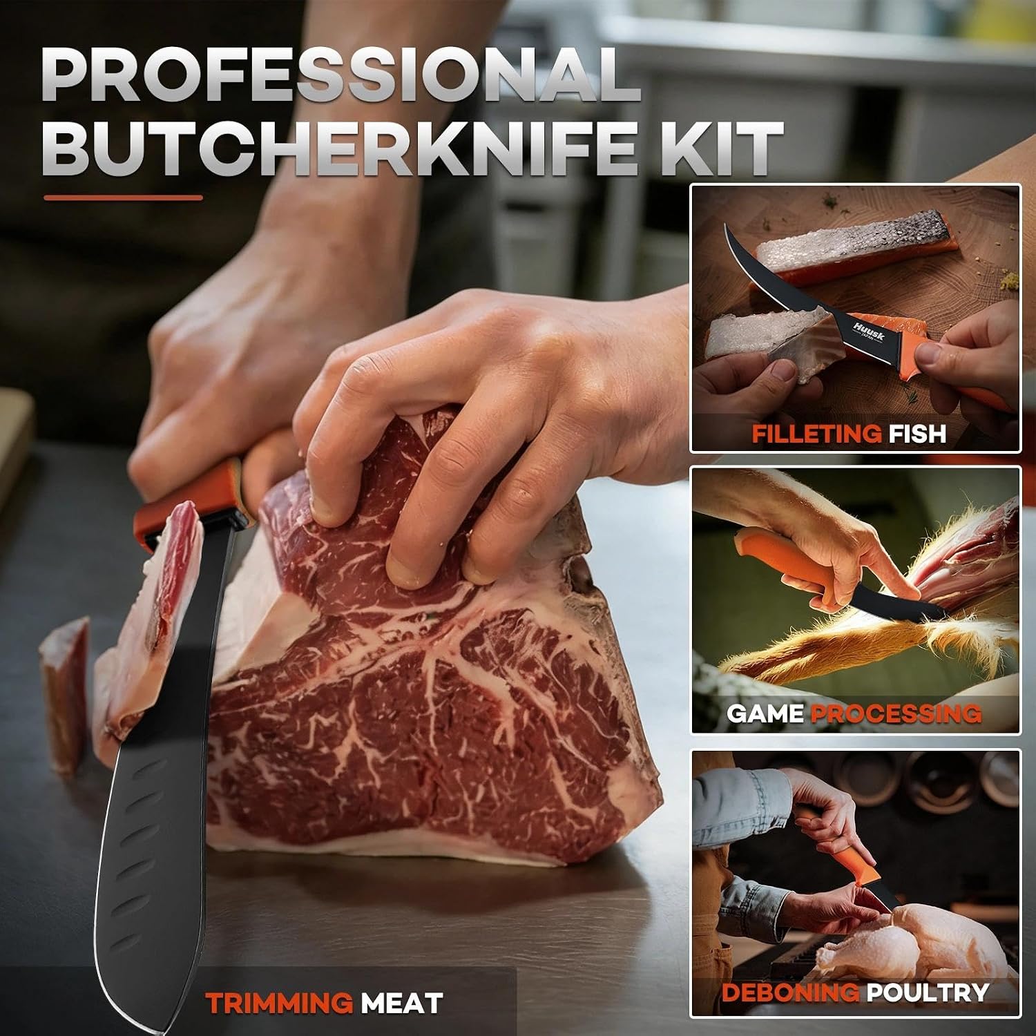 Butcher Knife Set - Meat Processing Kit with Roll Bag, Gift for Men
