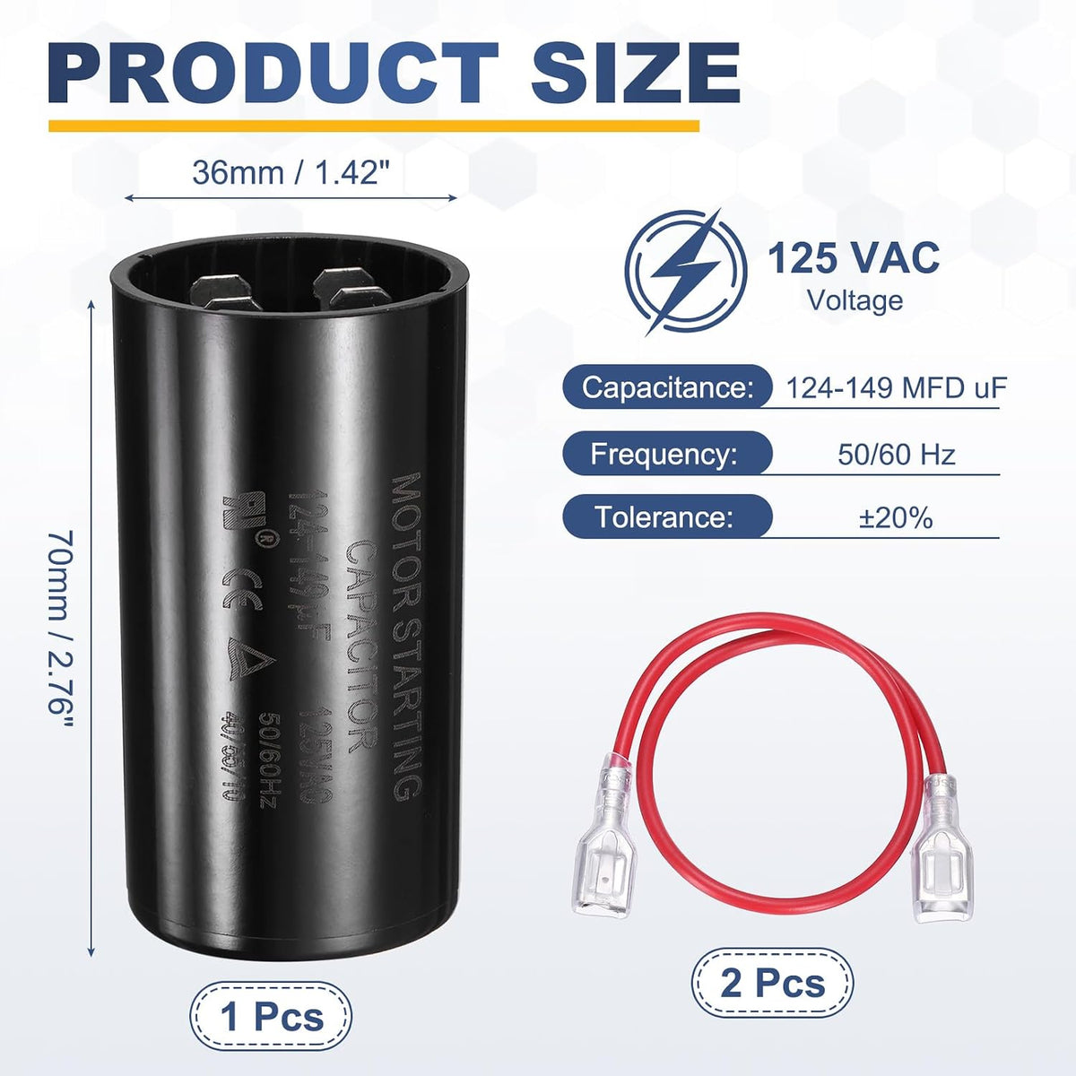 CD60 Run Capacitor 124-149 MFD UF 125 VAC 50/60Hz 36x70mm Black