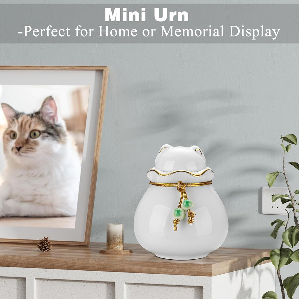 Pet Memorial Urn for Cat or Dog Ashes - 3.54"x3.15" Elegant Ceramic Keepsake Holder with Pet-Shaped Lid & Gold Trim