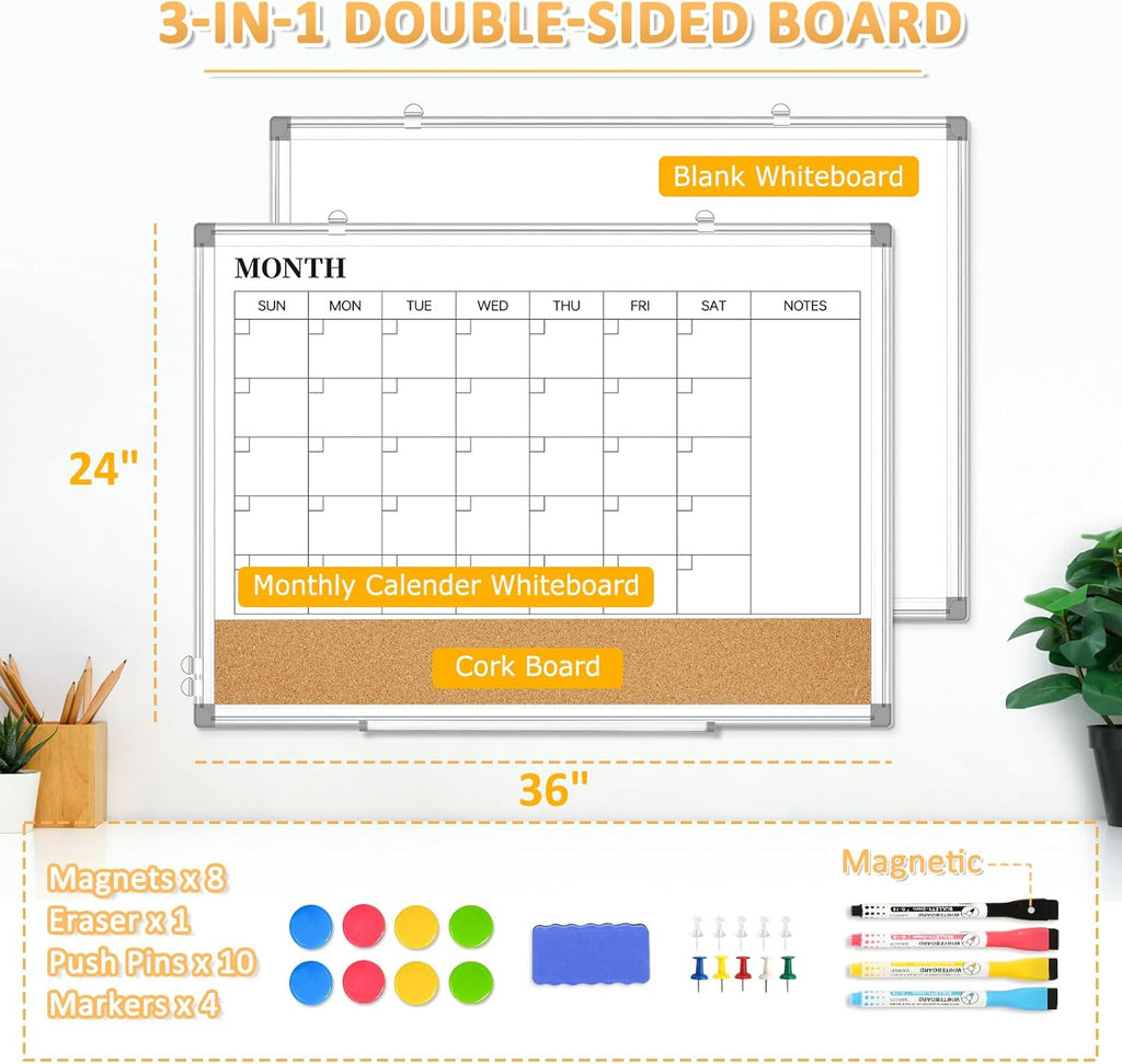 Large Dry Erase Calendar for Wall, 36"x24" Double-Sided Magnetic Whiteboard Calendar with Cork Board, Aluminum Frame