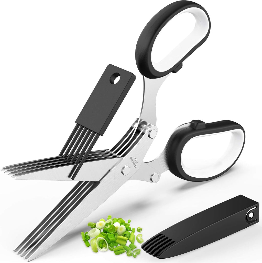 Herb Scissors with 5 Blades and Cover, Kitchen Herb Cutter with Cleaning Comb, Stainless Steel Multi Blade Herb