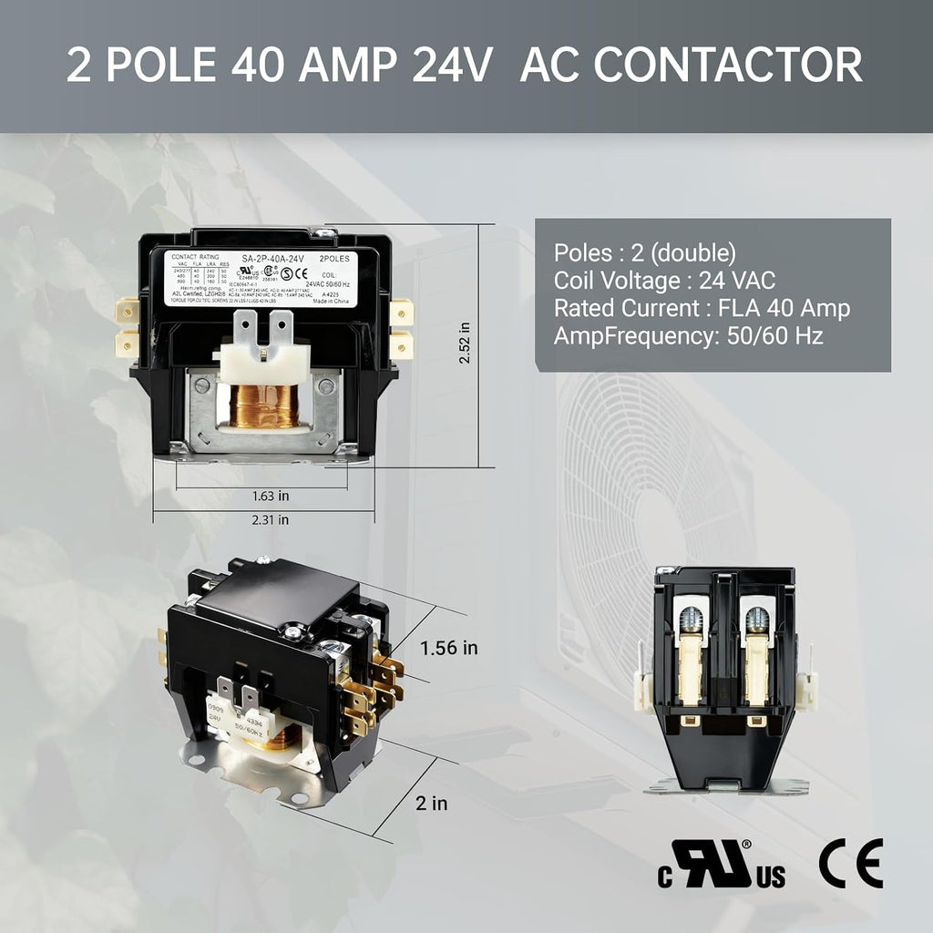 2 Pole 40A AC Contactor 24V Coil Fully Enclosed for AC Compressor Heater