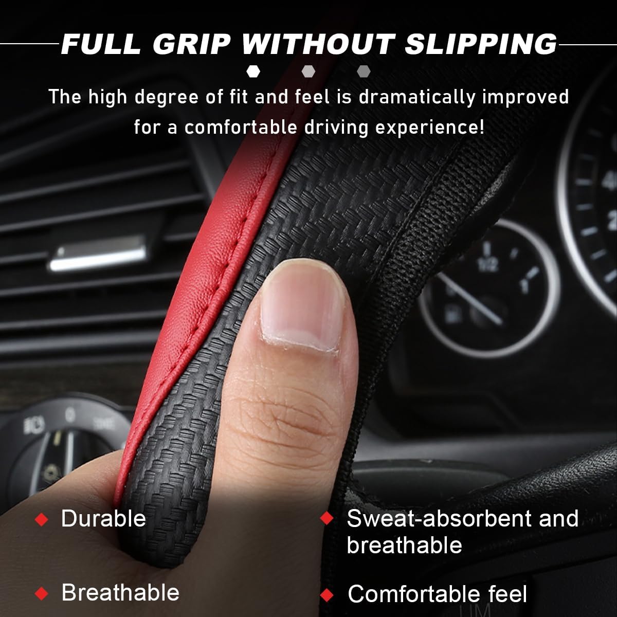 Car Steering Wheel Cover, 15 Inch Carbon Fiber Leather Stitching Color Steering Wheel Protector, Anti-Slip Elastic