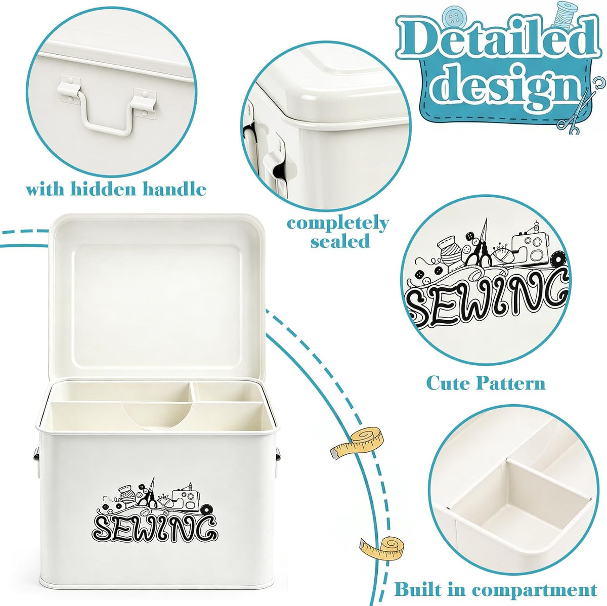 Metal Sewing Box, Sewing Basket Organizer with Handles, 2 Tier Sewing Kit Storage Box with Removable Tray, 4