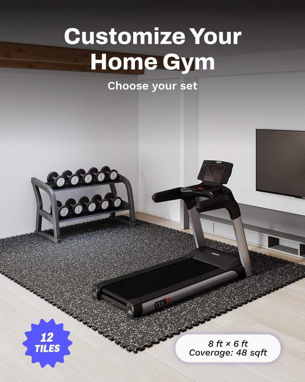 0.56in Thick 48 Sq Ft Exercise Equipment Mats, 12 Tiles Upgraded Rubber Top with High Density EVA Foam, Large