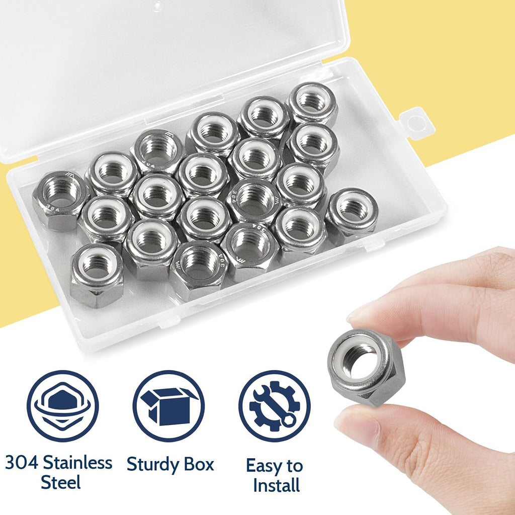 1/2-13 Lock Nut, 20Pcs Stainless Steel Nylock Insert Locking Nut
