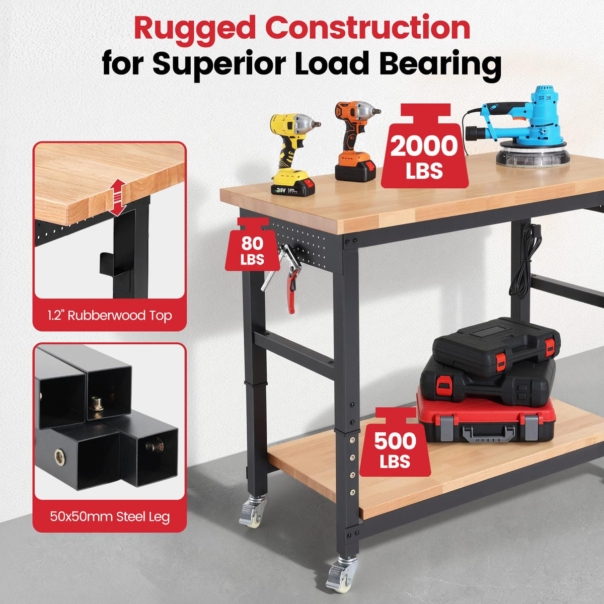 48" Adjustable Height Workbench with Wheels Heavy Duty Work Table with Under Table Shelf, Dual Pegboards & Power