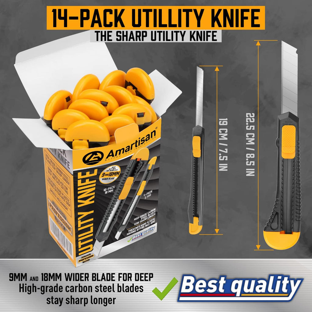 14-Piece Retractable Box Cutter, Utility Knifes for Boxes, Cartons, Cardboard Cutting, 18mm & 9mm Wide Blade Cutter