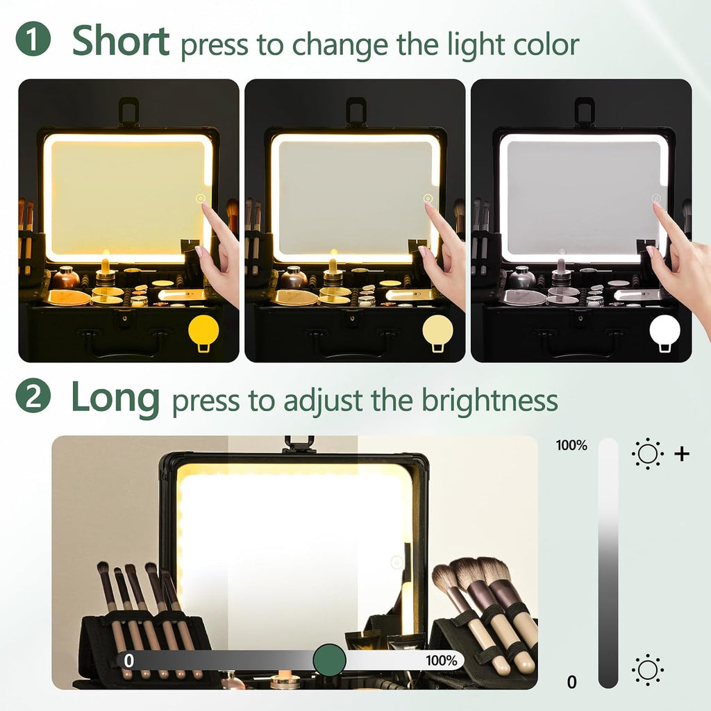 Makeup Case with Lighted Mirror, Makeup Box Organizer with Detachable LED Mirror, Travel Makeup Train Case