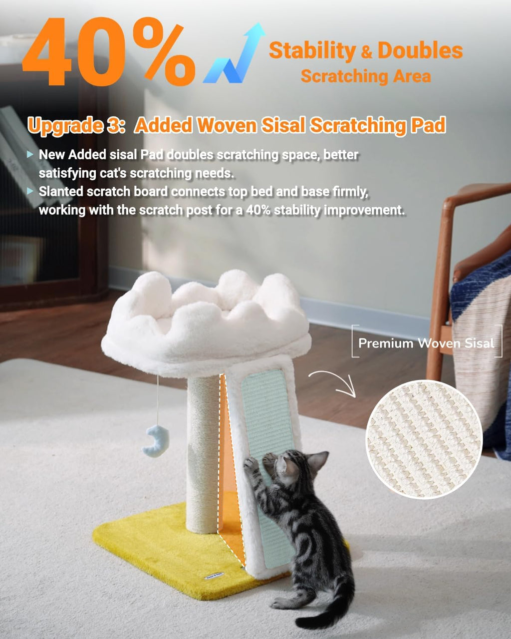 Cat Tree, Cloud Cat Tower with Soft Bed, Cat Scratching Post & Pad with Larger Perch for Window Viewing, Small Cat
