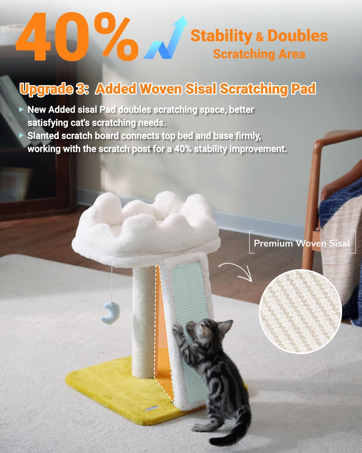 Cat Tree, Cloud Cat Tower with Soft Bed, Cat Scratching Post & Pad with Larger Perch for Window Viewing, Small Cat