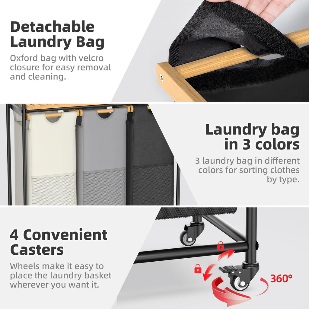 Laundry Hampers 3 Section, Laundry Sorter with Removable Shelf and Pull-Out Bags, Rolling Cart Clothes Hampers Basket