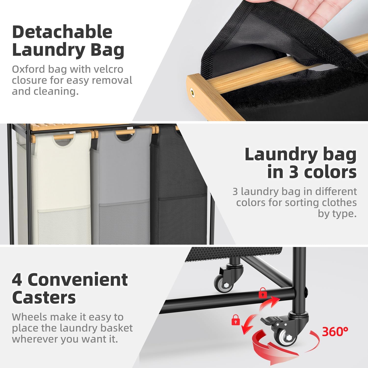Laundry Hampers 3 Section, Laundry Sorter with Removable Shelf and Pull-Out Bags, Rolling Cart Clothes Hampers Basket