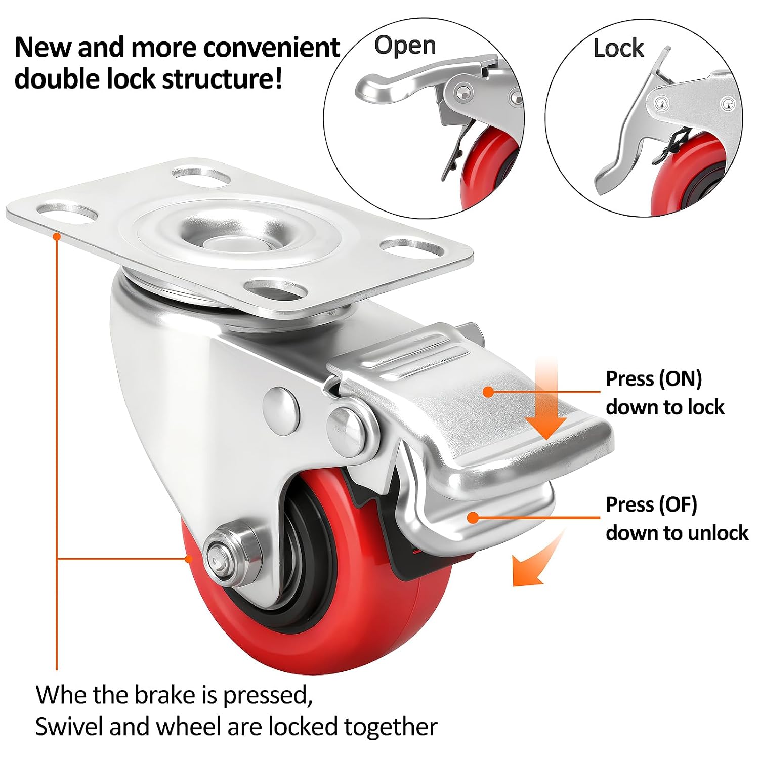 2 Inch Industrial Heavy Duty Swivel Caster Wheels with Brake,Set of 4 Safety Locking Casters,Load 600lbs,Premium