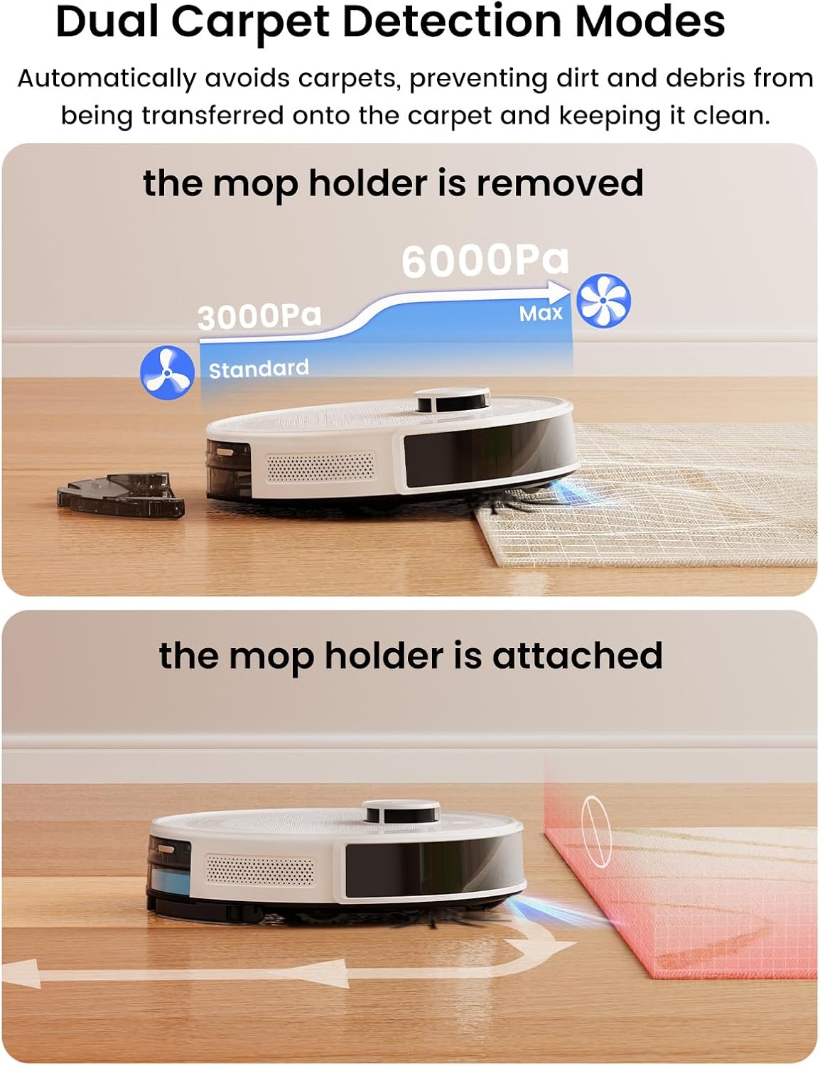 Robot Vacuum and Mop, 75-Day Self-Emptying, 6000Pa Strong Suction, Customized Cleaning, Multi-Floor Mapping, 130 Min
