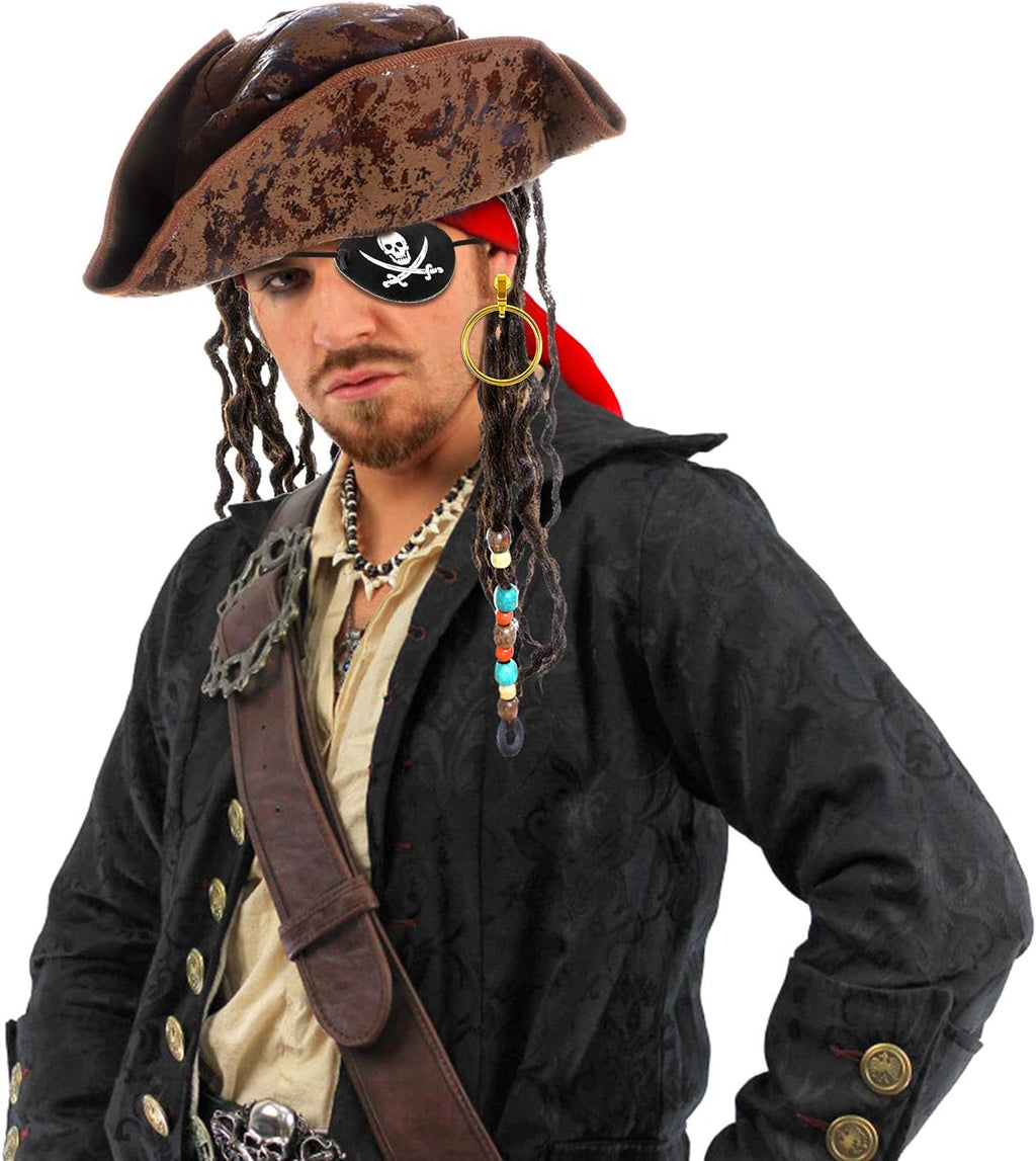 Pirate Hat with Dreadlocks Braids and Costume Accessories Set, Halloween Masquerade Accessory Set of 5