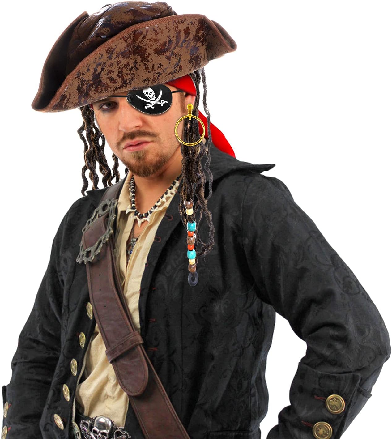 Pirate Hat with Dreadlocks Braids and Costume Accessories Set, Halloween Masquerade Accessory Set of 5