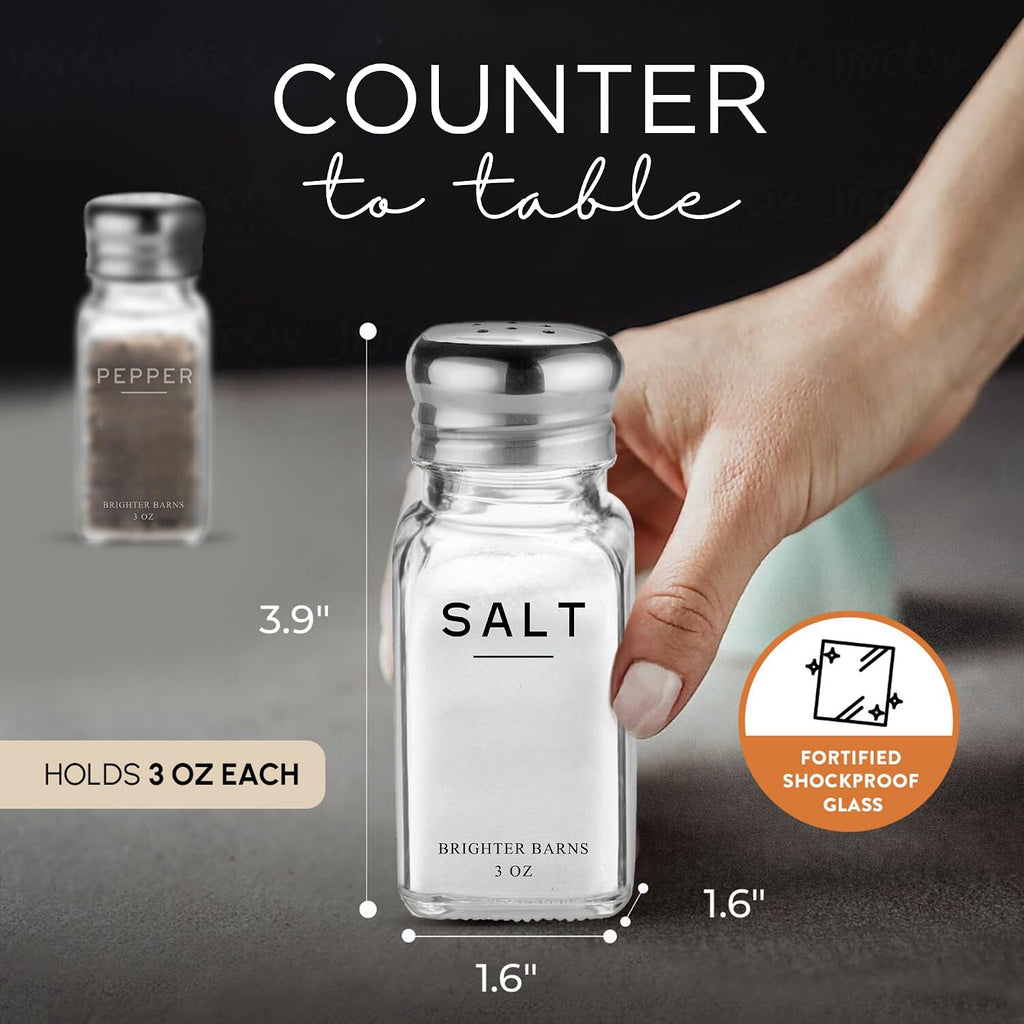 Glass Salt and Pepper Shakers Set by Brighter Barns - Modern Kitchen Decor, Dining Table Countertop Accessory